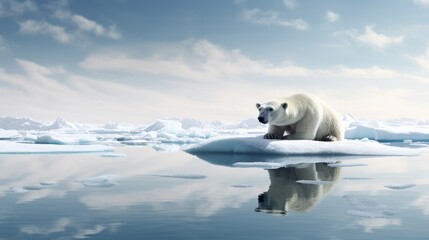 A lone polar bear on a melting ice floe representing climate change and global warming