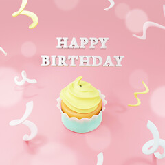 Cute 3d Happy birthday postcard - cupcake with color background. Birthday party.