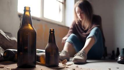 homeless squatter woman surrounded with empty bottles, neural network generated photorealistic image