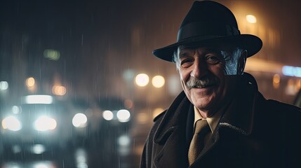 Old mustachioed man portrait wearing brim hat and coat on night street lights at overcast weather, attractive elderly male private detective outdoor street portrait of old gentleman, generative AI