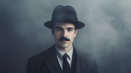 Mustachioed adult man portrait wearing brim hat and coat dense fog overcast weather, attractive male private detective outdoor portrait of kind gentleman among dense mist, generative AI