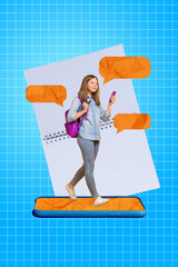 Conversation online collage picture social media messenger little schoolgirl chatting online...
