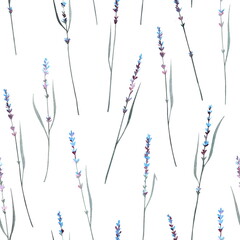 Fototapeta premium Seamless sommer floral pattern of watercolor hand drawn elements, not AI. Delicate lavender branches on a white background. For textile design.
