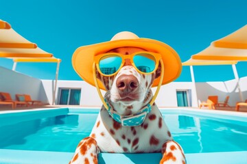 Dog on vacation at swimming pool.
