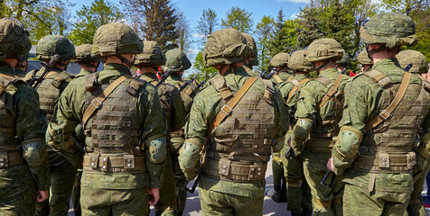 Fototapeta premium Army parade - a march of soldiers in uniform.