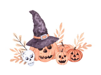Pumpkins and autumn herbs painted in watercolor in cartoon style. Harvest, October, skeleton, pumpkin head, Halloween. Illustration for cards, scrapbooking, banners, decoupage.