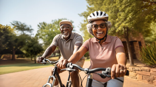Joyful senior couple riding bicycles in the summer park enjoying their vacation