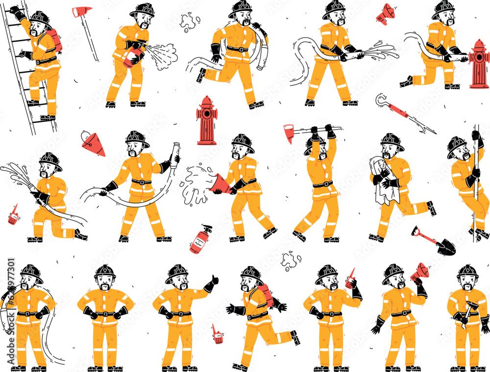 Sticker Man Firefighter Character in Helmet and Uniform Working Vector Set