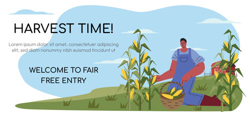 Farmers at work, agricultural worker harvesting crops. Corn harvesting. Life in farm, beautiful landscape. Web banner Flat vector illustration. Vector illustration