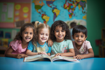 Fototapeta na wymiar group of children having fun learning happily in the classroom