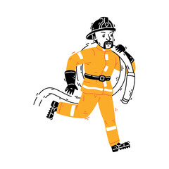Man Firefighter Character in Helmet and Uniform Running with Hose Vector Illustration
