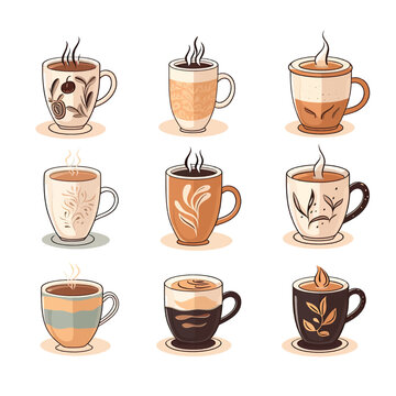 Cup collection of Fresh Coffee. Vector Illustration. Flat Style. Decorative Design for Cafeteria, Posters, Banners, Cards