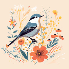 Bird with flowers. Vector illustration. Abstract illustration.
