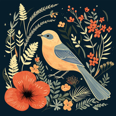 Bird with flowers. Vector illustration. Abstract illustration.