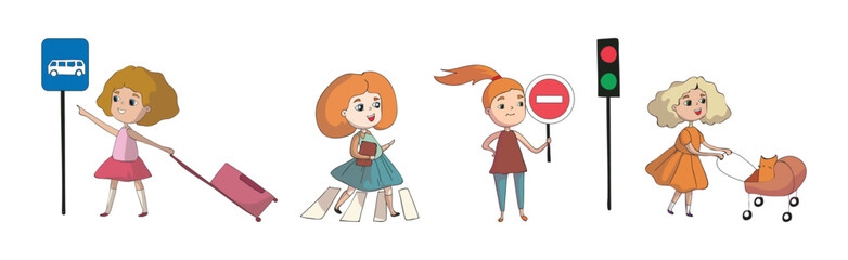 Little Girl Pedestrian Learning Road Sign and Traffic Rule Vector Set