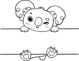 Cute Baby Koala Animal hanging on Tag Name Frame Hand kid cartoon drawing outline