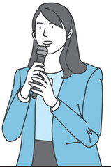Woman in collarless jacket holding microphone and speaking