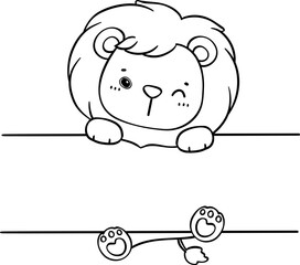 Cute Baby Lion Animal hanging on Tag Name Frame Hand kid cartoon drawing outline