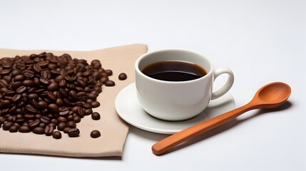 Black coffee cup, wooden spoon and coffee seeds.