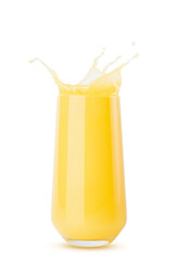 Yellow orange cool juice in glass juicy splashes and drops fly isolated on white background. Ripe summer fruit citrus drink with bubbles, swirl and splashing.