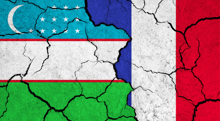 Flags of Uzbekistan and France on cracked surface - politics, relationship concept