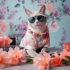 Dj cat playing music on floral background