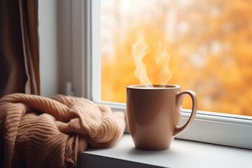 Brown mug scarf window. Generate AI