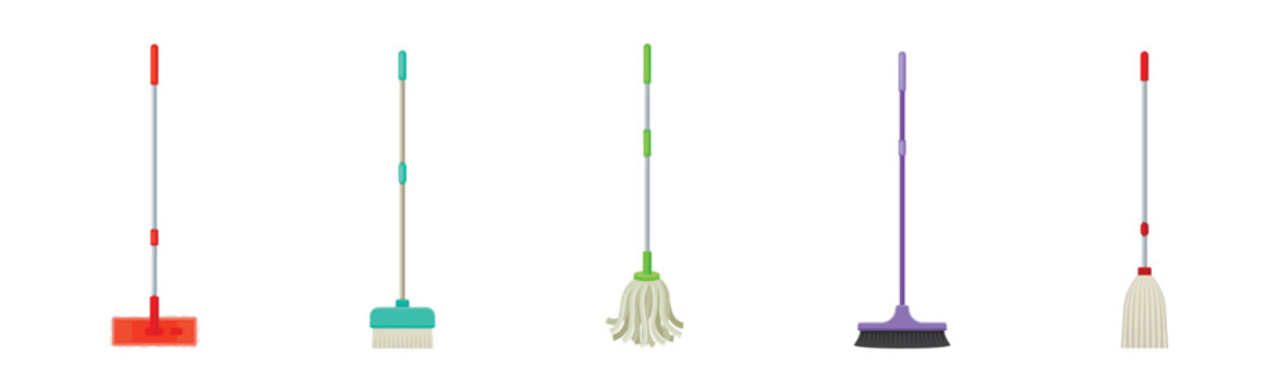 Mop and Broom with Long Pole for Cleaning and Sweeping Floors Vector Set