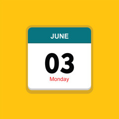 monday 03 june icon with yellow background, calender icon