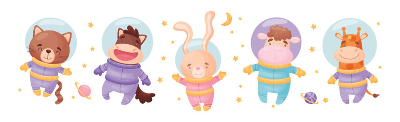 Funny Animals Wearing Astronaut Costumes or Spacesuit Floating in Space Vector Set