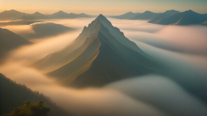 A high-angle photo taken in the morning featuring a large mountain that is beautifully enveloped by fog.