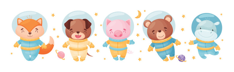 Funny Animals Wearing Astronaut Costumes or Spacesuit Floating in Space Vector Set