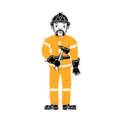 Man Firefighter Character in Helmet and Uniform Standing with Axe Vector Illustration