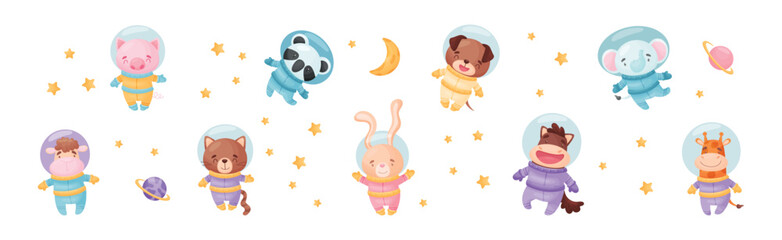 Funny Animals Wearing Astronaut Costumes or Spacesuit Floating in Space Vector Set