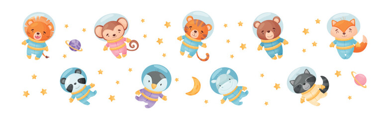 Funny Animals Wearing Astronaut Costumes or Spacesuit Floating in Space Vector Set