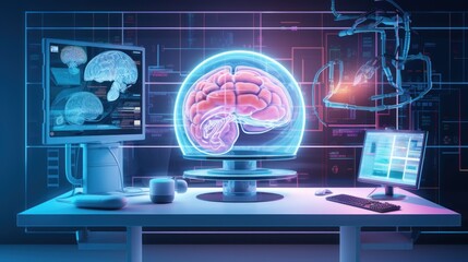 Analyse Patient MRI Scan on Computer Screen, Diagnose Brain, Brain Surgery Concept. Generative Ai