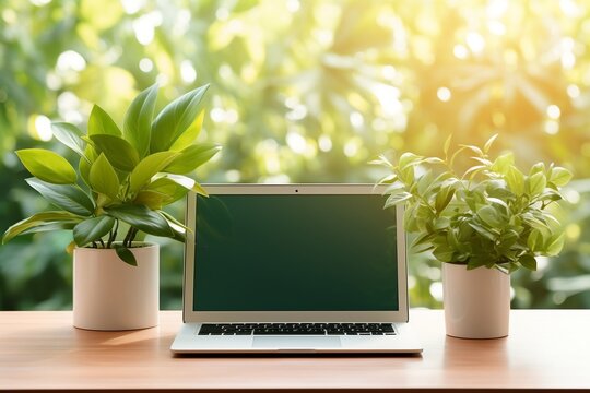 Empty Laptop Screen on Desk with Green Mockup Background. AI