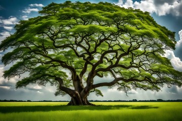 A beautiful tree stands tall and proud in the middle of a vast field covered with lush green grass generative ai technology
