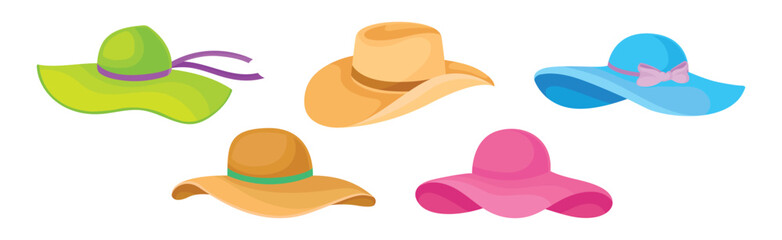 Colorful Wide-brimmed Felt or Cloth Hat Vector Set