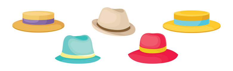 Colorful Wide-brimmed Felt or Cloth Hat Vector Set