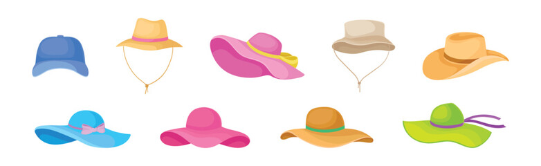Fototapeta premium Colorful Wide-brimmed Felt or Cloth Hat Vector Set