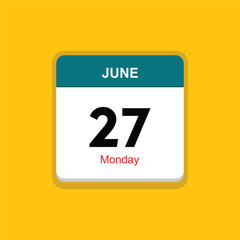 monday 27 june icon with yellow background, calender icon