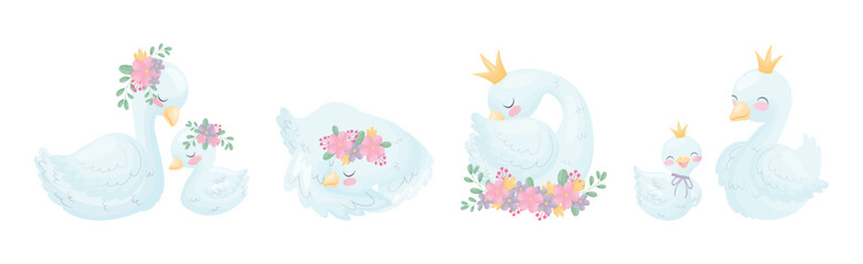 Obraz na płótnie Canvas Beautiful White Swan or Goose with Golden Crown and Floral Arrangement Vector Set