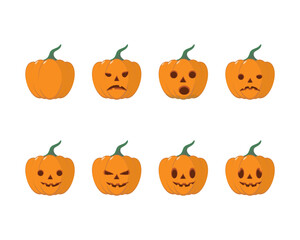 Set of cute cartoon pumpkins for your design in halloween celebration. Various shapes of orange pumpkin expressions.
Flat style vector illustration on white background.