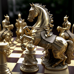 Unusual chess pieces. On the chessboard. Beautiful background. Handmade.