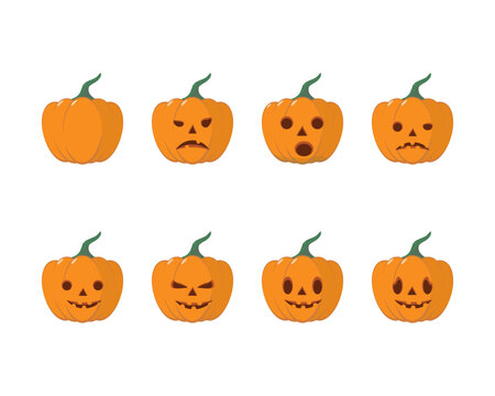 Set of cute cartoon pumpkins for your design in halloween celebration. Various shapes of orange pumpkin expressions.
Flat style vector illustration on white background.