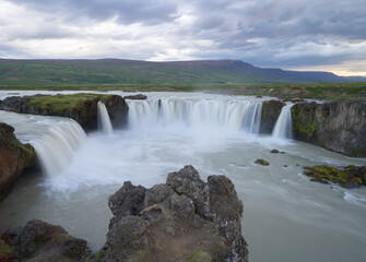 Godafoss waterfall in summer season in Iceland. Famous nature landscape background