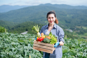 Farmer harvest or inspect farm products quality and fresh vegetables.