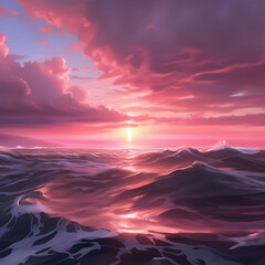 Beautiful seascape with waves at sunset.