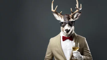 Gordijnen Reindeer Holding Glasses of Champagne, Merry Christmas and Happy New Year Background. Generative Ai © CYBERUSS